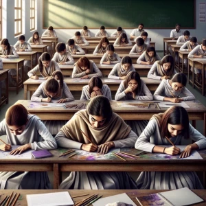 Create a school classroom where 2 student girls at front last ro...