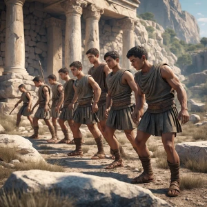 Ancient Spartan boys undergoing military training in a rugged ou...