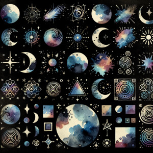 A black background with watercolor designs scattered around, sca...