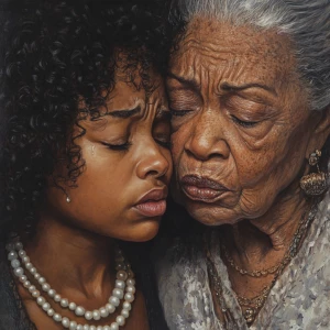 An emotional moment between two African American women, one younger and one older, depicted in a hyper-realistic style. The younger woman has curly black hair, while crying, showing deep sorrow and vulnerability. The older woman, with gray hair and deep wrinkles, gently kisses her on the cheek, providing comfort and love in a maternal way. Both are wearing pearl necklaces, and the scene captures a powerful sense of emotional connection and empathy. The lighting is soft, highlighting their rich, dark skin tones and the intricate details of their expressions."