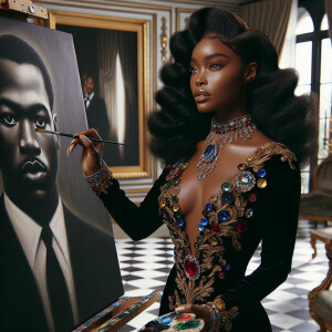 In a high-class, elegantly decorated studio, a very light-skinne...