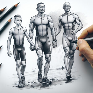 Idealized posed fit father and son Caucasian triathlete male cou...