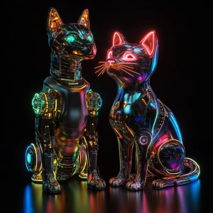 Create an image of a futuristic cybernetic dog and a robotic cat...