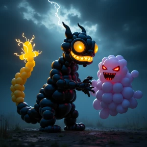 Nightmare-themed, ultra-detailed balloon sculpture in a dark, st...