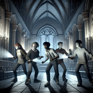 Four teenagers are fighting in a dark old mansion. They are hold...
