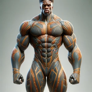 "Visualize Titan, a Nigerian superhero standing an imposing 8 fe...