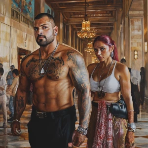 Hyperrealistic painting, a muscular, tattooed man and a 54-year-...