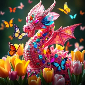 Create a photorealistic image of a dragon composed of multi-colo...
