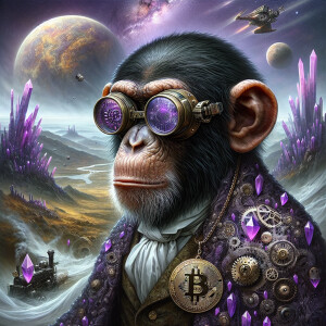 A highly stylized and anthropomorphized chimpanzee. The chimp ha...