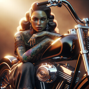 Creat a masterpiece of a beautiful purter rican woman with tattoos sitting on a shiny black Harley Davidson