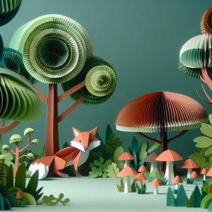 A forest scene made entirely of layered paper elements, featuring a small paper fox peeking out from behind a tree. The trees are crafted with delicate layers of green and brown, while the forest floor has subtle details like layered bushes and mushrooms.