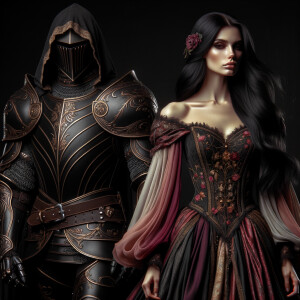 Black knight standing with a Greek elf queen with black hair and burgundy,gold and pink dress