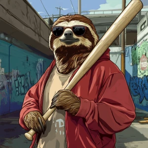 Sloths slerf meme..80's clothing holding a baseball bat, in GTA...
