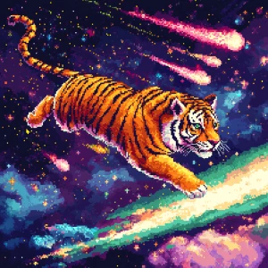 A pixelated space tiger prowling through a glowing 8-bit galaxy,...