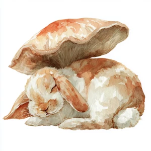 Warm earth tones rabbit sleeping under mushroom, soft watercolor...