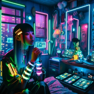Cyberpunk bedroom with girl