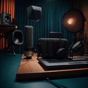 A meticulously arranged podcast recording studio showcasing a hi...