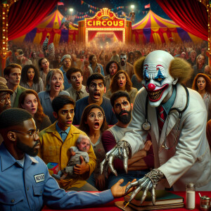 A scary clown shows magic tricks. I periodically appear in the p...