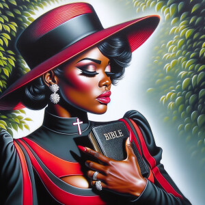 An airbrush oil painting captures an African American woman in a...