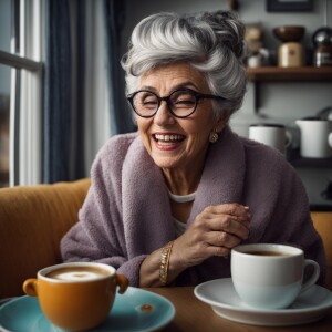 3d realistic image of a 60s grandma with tousled grey hair and b...