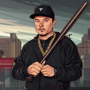 Elon Musk..Elon with black baseball cap, black track suit, gold...