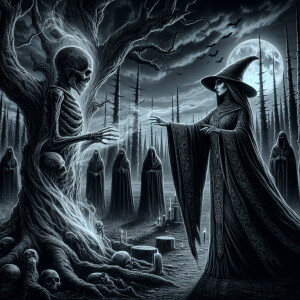 A striking, cinematic illustration of a witch standing beside a...