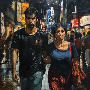 Realistic painting,a muscular sweaty criminal walking with his m...