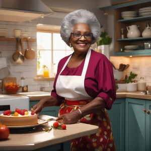 Black granny. In kitchen. Large breasts. Round buttocks. Making...