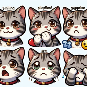 Create a sticker pack for me featuring a cute gray-and-white kit...