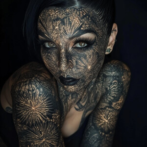 A woman alien distorted face and skin made of fireworks. Tattoos...