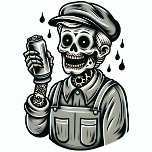 Cartoonish Ghoulish mechanic in grey coveralls holding a beer in...