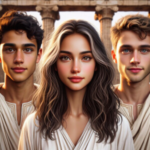 Make me a picture of one girl standing between two boys. They sh...