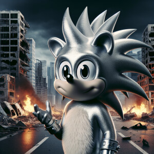 Silver the hedgehog in a fiery destroyed city