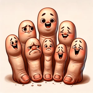 "Create an image of anthropomorphic toes, each displaying a uniq...