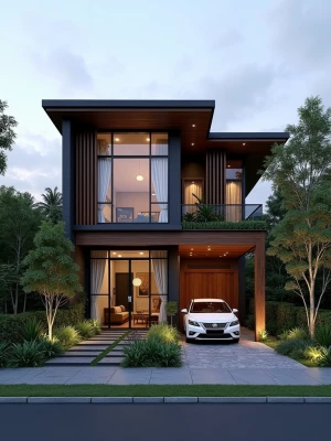 Rumah kayu modern dengan teras luas, seluruh bagian depan dan sa...