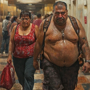 realistic painting.A sweaty beefy man walking with his 54 year o...