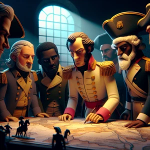 Create an image illustrating Napoleon Bonaparte in a dimly lit w...