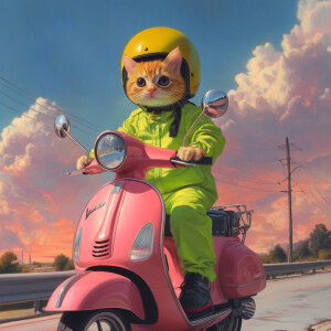 An orange kitten with glossy black eyes, donned in a neon green...