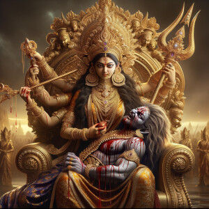 portrait of angry looking goddess durga sitting on a gold crown and carrying a weak mahishasur on her lap and stabbing him with her amazingly designed trident. She is wearing gold armor, a huge gold crown, gold saree, abundant  gold jewelry, covered in blood. The scene is set in ancient India. The image is 8K resolution, cinematic, ultra detailed face and epic.