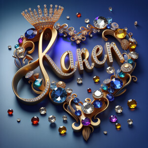 Craft a 3-D image showcasing the name 'KAREN' in a luxurious gol...