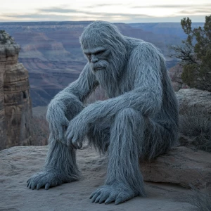 A humanoid looking grey haircovered sasquatch with a matted bear...