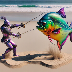 Realistic purple neon green piranha fencing a swordfish at the b...