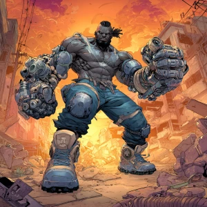 Depict a large, muscular Nigerian humanoid character in a dynami...