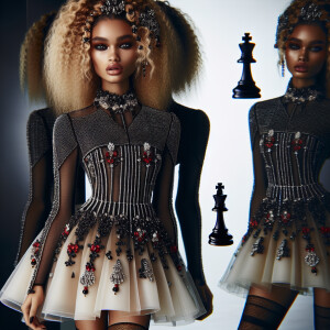 Woman’s short dress in the background an embellished queen of he...