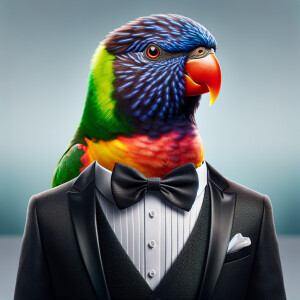 Photorealistic image. Lorikeet bird in a tuxedo