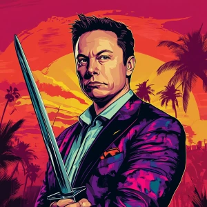 Elon Musk in GTA art style, Hold a sword, in the style of a Gra...