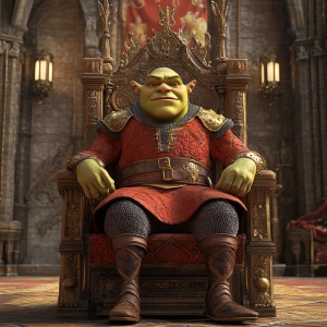 Create a digital portrait of Lord Farquaad, the antagonist from the Shrek film series, capturing his distinctive medieval attire, pompous expression, and short stature while sitting on his extravagant throne in Duloc Castle.