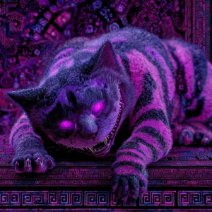 a goth Feline Princess Cheshire Cat with pink and purple striped...
