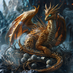 A realistic 4d image of a golden dragon in smoldering smoke sitt...