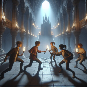 Four teenagers are fighting in a dark old mansion. They are hold...